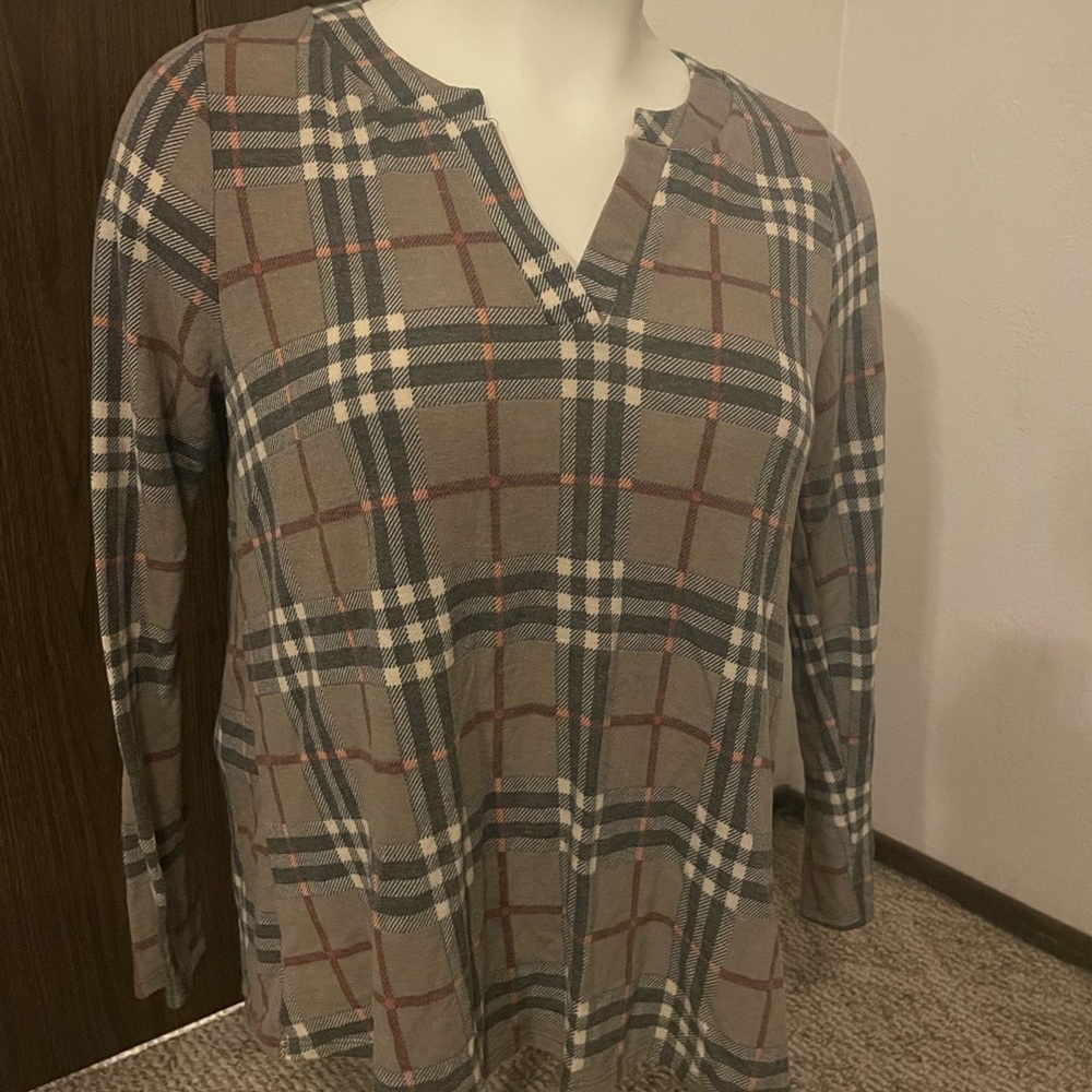 Dear Scarlett Beige and Red Plaid Button Down Shirt